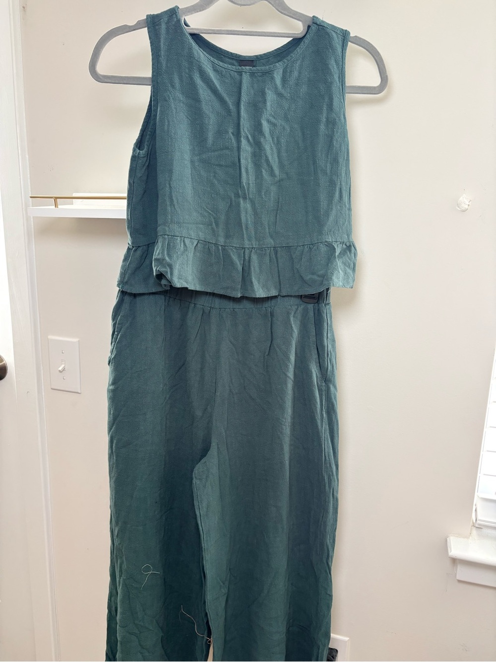 Sleeveless Teal Cropped Jumpsuit with Ruffle Waist